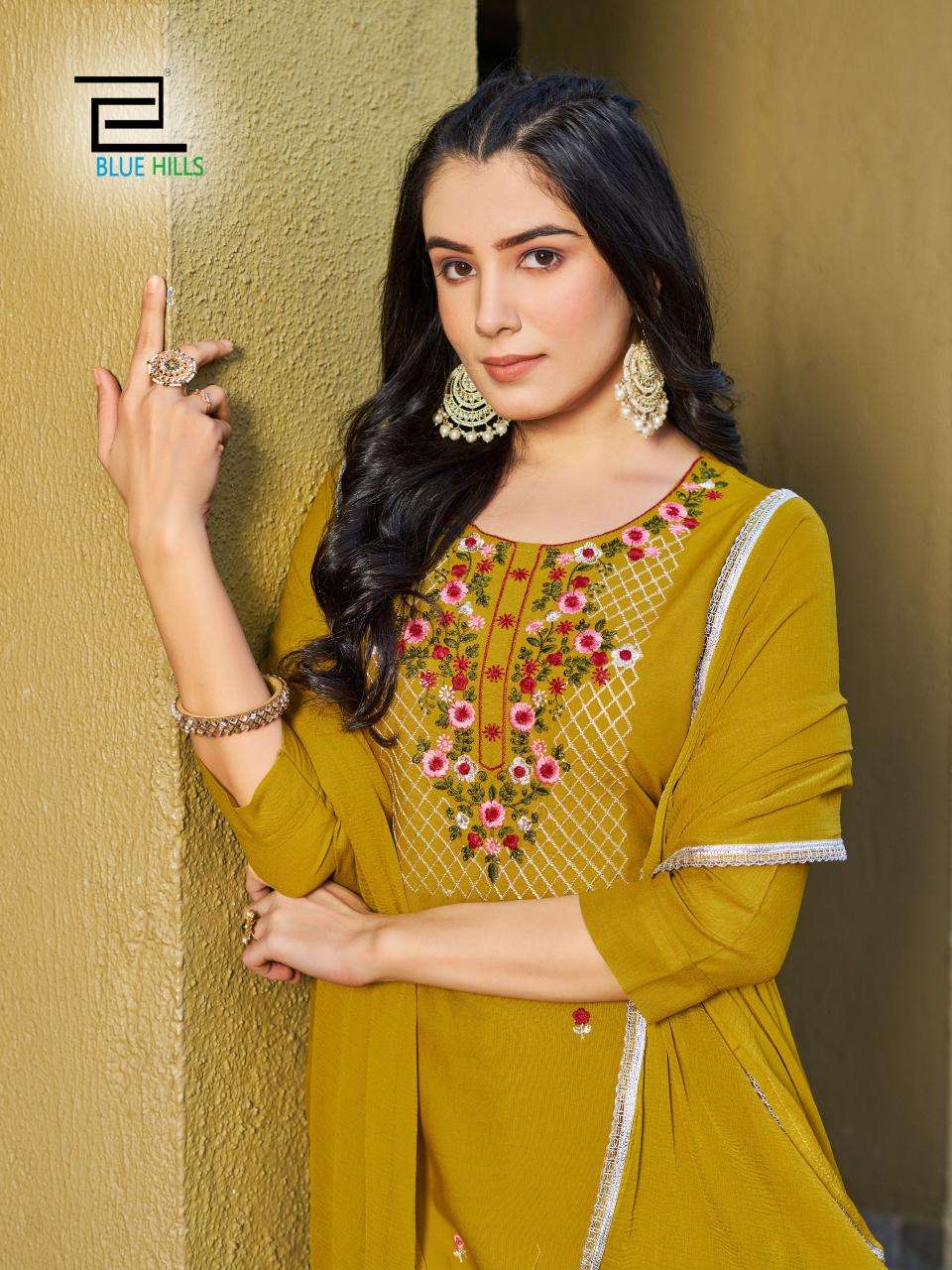 JANNAT RAYON 14 KG ZARI WITH MULTI COLOR THREAD WORK KURTI WITH PANT AND NAZMIN DUPATTA BY BLUE HILLS BRAND 1008 C